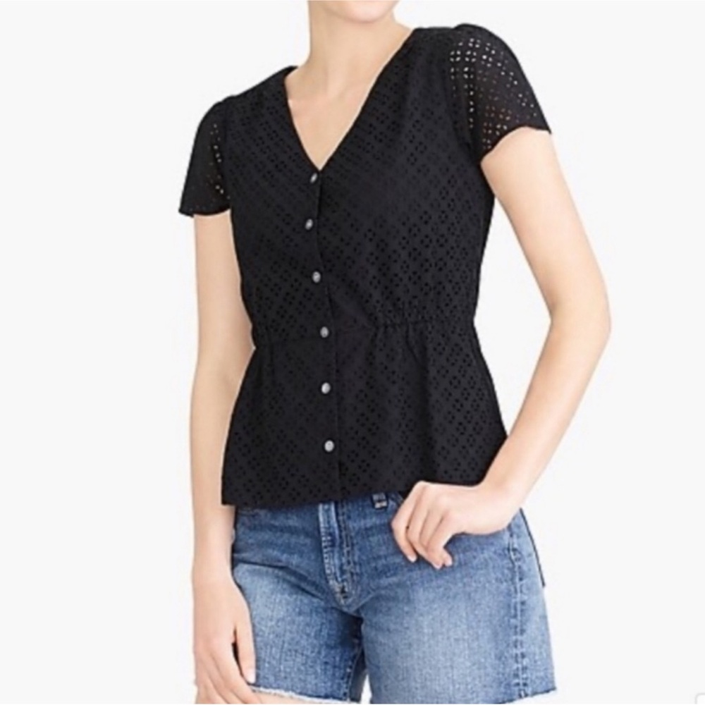 J. Crew Black Eyelet Button-Down Peplum Top